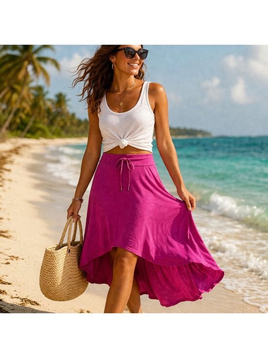 Athleta Dresses & Skirts - Vtg Athleta Pink Drawstring Beach Vacation Euro Summer Travel Midi M Athleisure